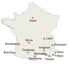 Auray, Avignon, Biarritz, Bordeaux, Briançon, Brive, Fréjus-St-Raphaël, Lyon, Marseille St Charles, Metz, Nantes, Narbonne, Nice, Paris, Strasbourg, Toulon, Toulouse