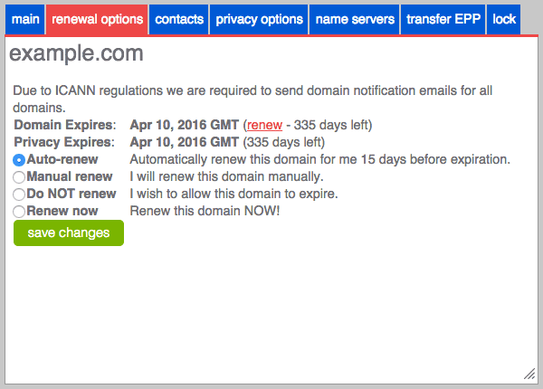 The domain renewal options.