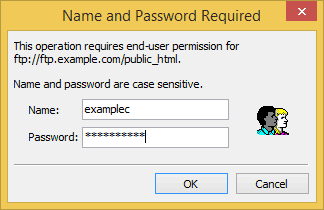 The FTP username and password window.