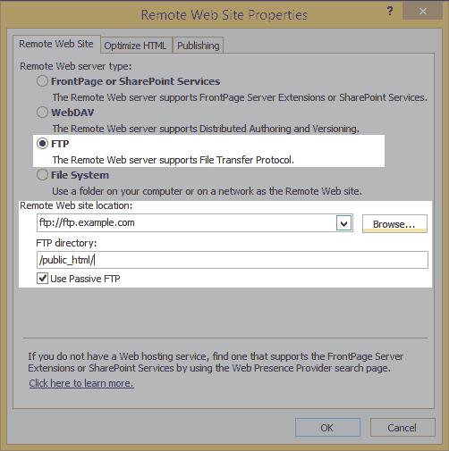 The Front Page FTP settings screen.