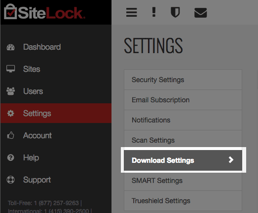 Sitelock Download Settings link