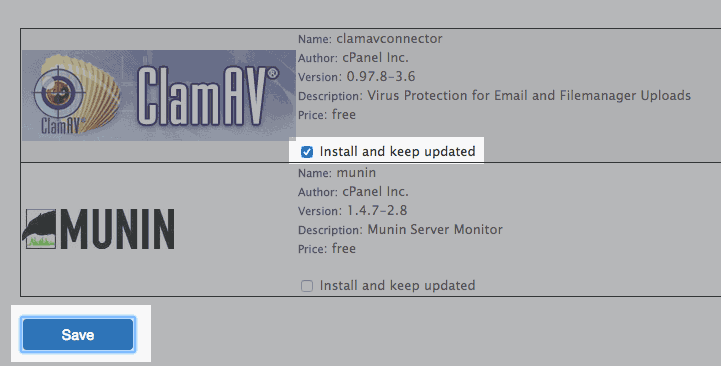 The Clam AV plugin install page.