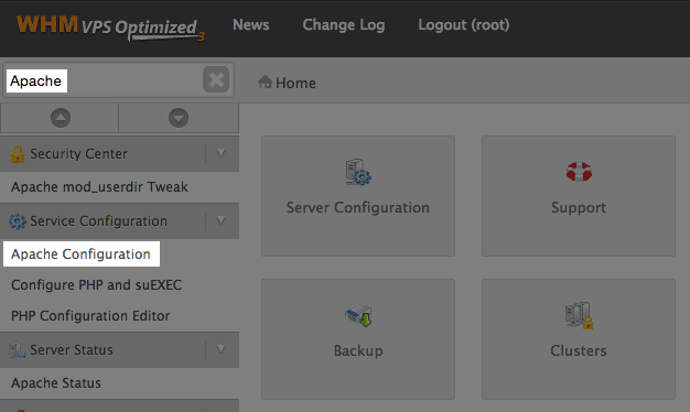Searching Apache in the WHM.